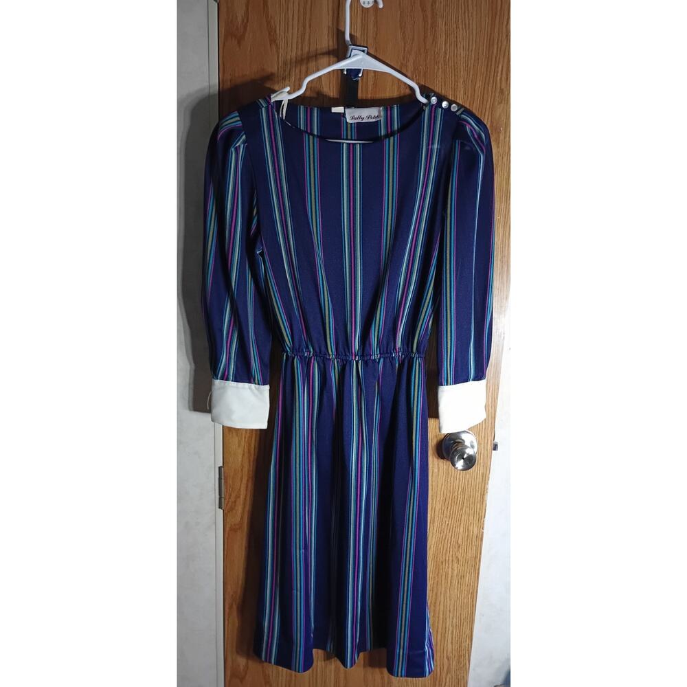 Vintage Sally Petite Stripe Belted Midi Dress Modern Medium Secretary Indie 80s